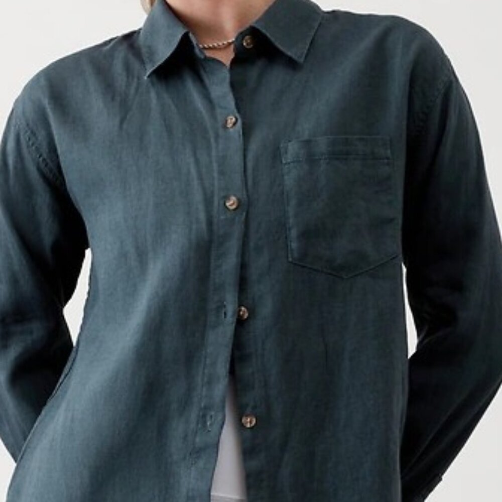 ATHLETA RETREAT LINEN TOP LONG SLEEVE BUTTON DOWN EDEN BLUE XXS VACATION RESORT - Picture 4 of 10